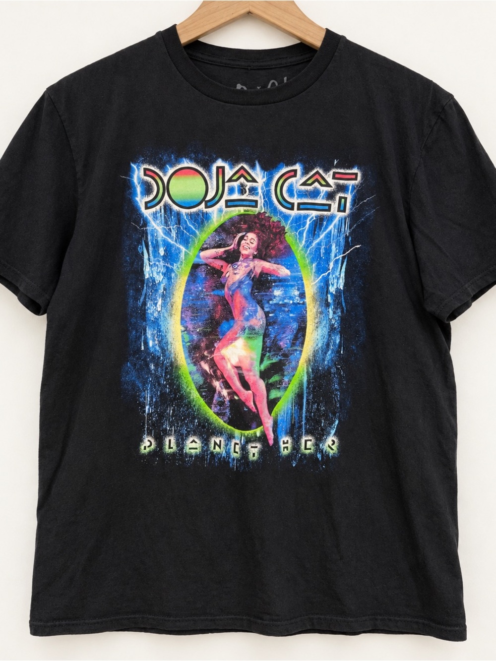 Doja Cat Planet Her Black Graphic Men’s T-Shirt with Neon Multicolor Print